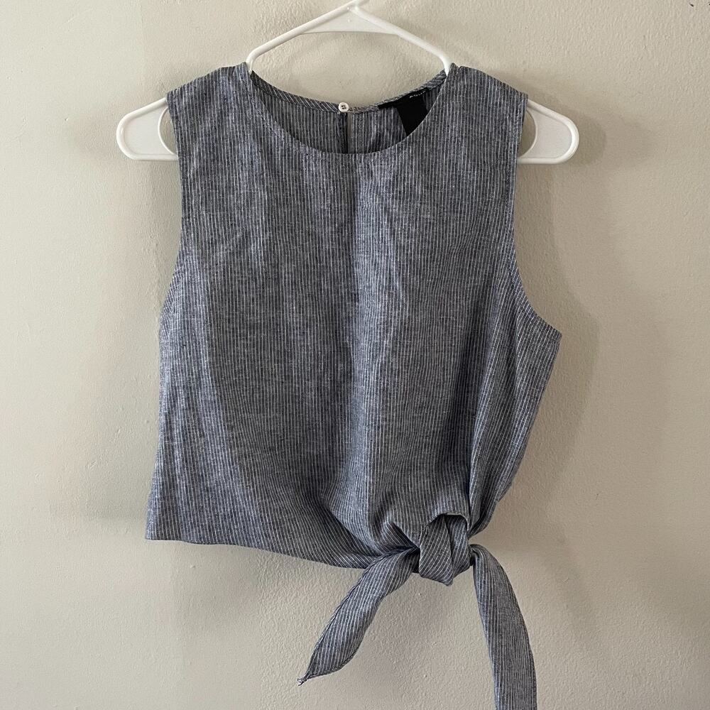 Aqua Womens Large Striped Linen Blend Tie Waist Crop Top Sleeveless Summer
